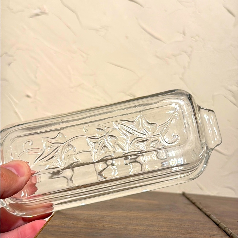 Vintage Atlas Azul Clear Glass Butter Dish with Leaf Design